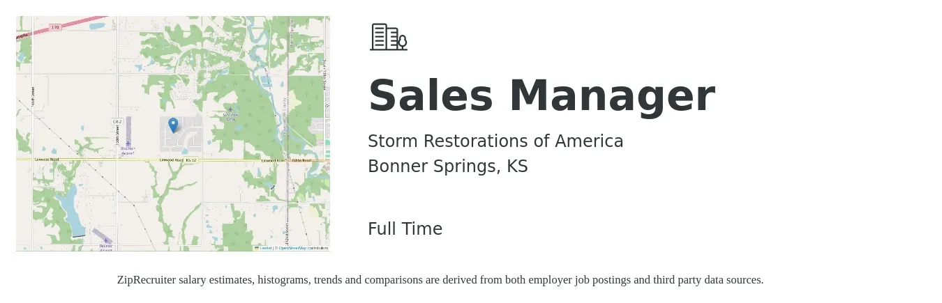Storm Restorations of America job posting for a Sales Manager in Bonner Springs, KS with a salary of $42,300 to $90,600 Yearly with a map of Bonner Springs location.
