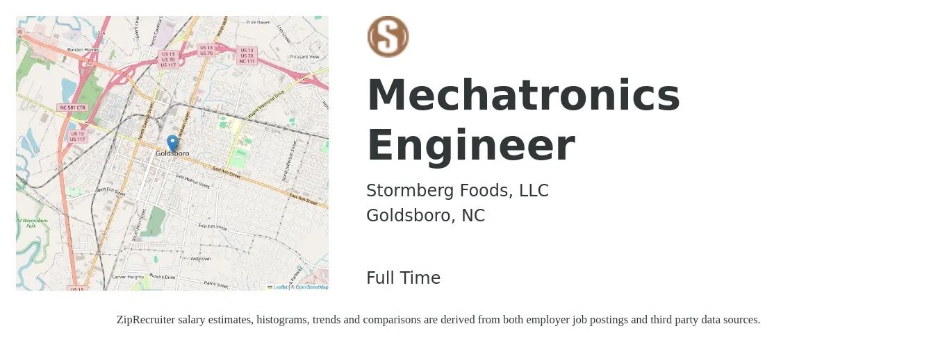 Stormberg Foods, LLC job posting for a Mechatronics Engineer in Goldsboro, NC with a salary of $54,200 to $83,100 Yearly with a map of Goldsboro location.