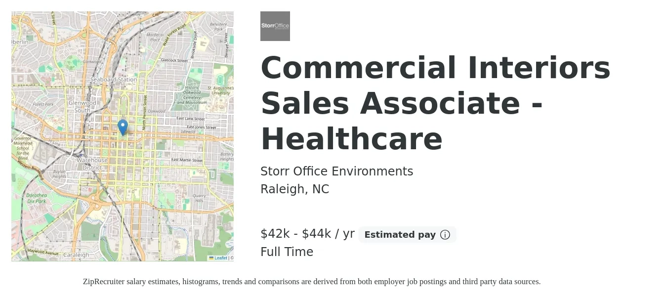 Storr Office Environments job posting for a Commercial Interiors Sales Associate - Healthcare in Raleigh, NC with a salary of $14 to $18 Hourly with a map of Raleigh location.