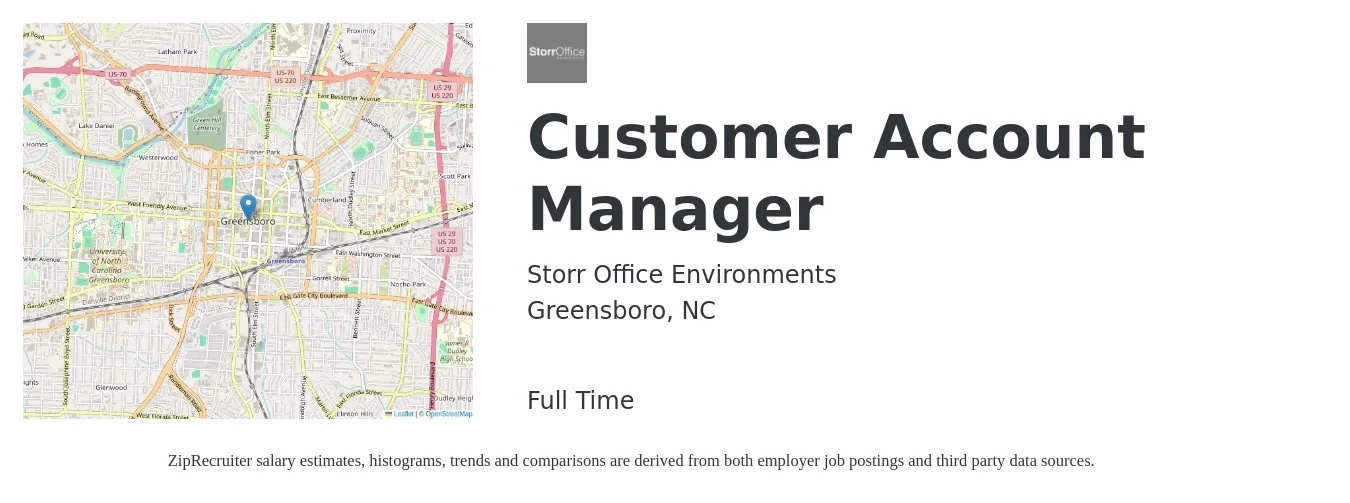 Storr Office Environments job posting for a Customer Account Manager in Greensboro, NC with a salary of $35,800 to $52,300 Yearly with a map of Greensboro location.