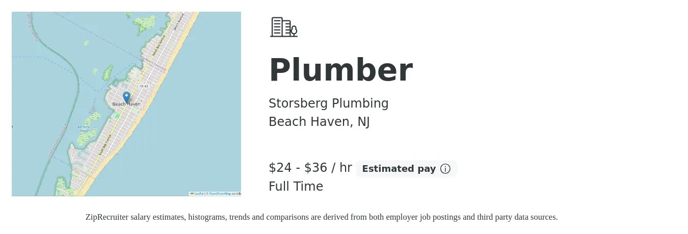 Storsberg Plumbing job posting for a Plumber in Beach Haven, NJ with a salary of $25 to $38 Hourly with a map of Beach Haven location.