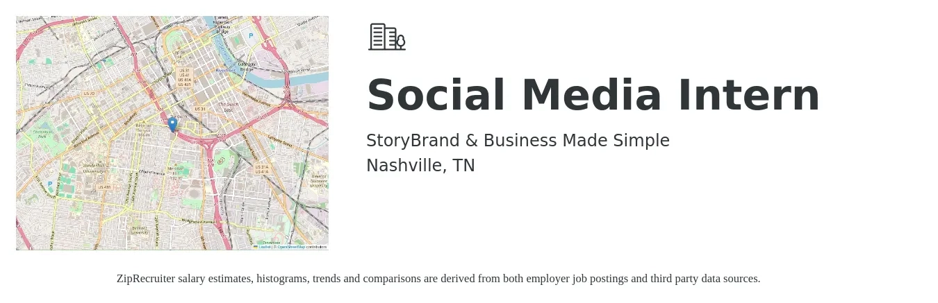 StoryBrand & Business Made Simple job posting for a Social Media Intern in Nashville, TN with a salary of $14 Hourly with a map of Nashville location.