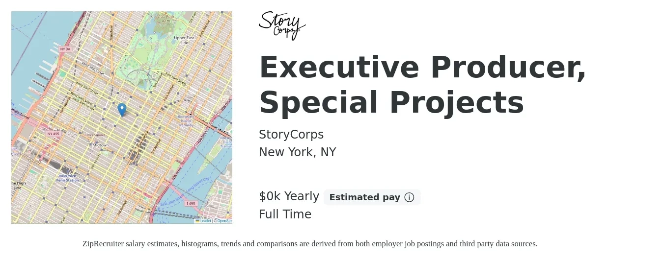 StoryCorps job posting for a Executive Producer, Special Projects in New York, NY with a salary of $105 to $115 Yearly with a map of New York location.