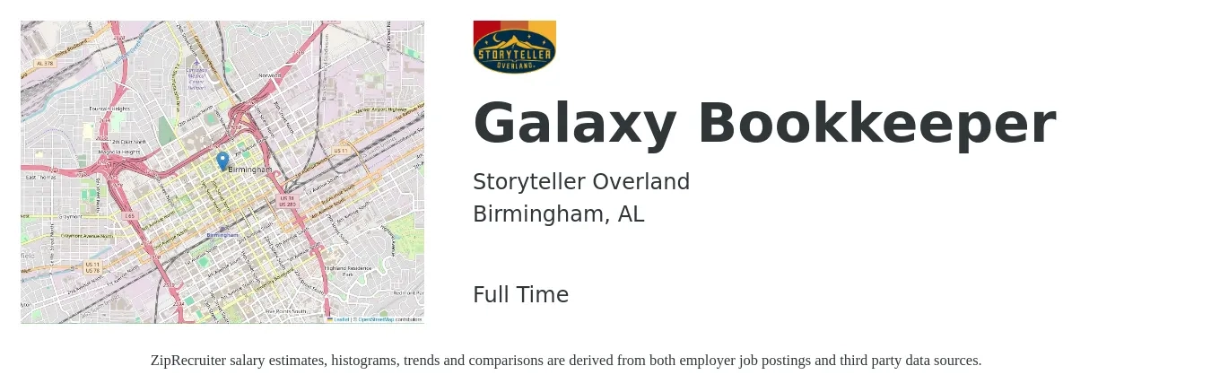 Storyteller Overland job posting for a Galaxy Bookkeeper in Birmingham, AL with a salary of $19 to $27 Hourly with a map of Birmingham location.