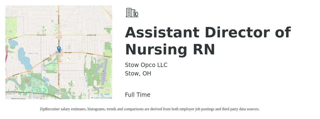 Stow Opco LLC job posting for a Assistant Director of Nursing RN in Stow, OH with a salary of $69,500 to $92,400 Yearly with a map of Stow location.