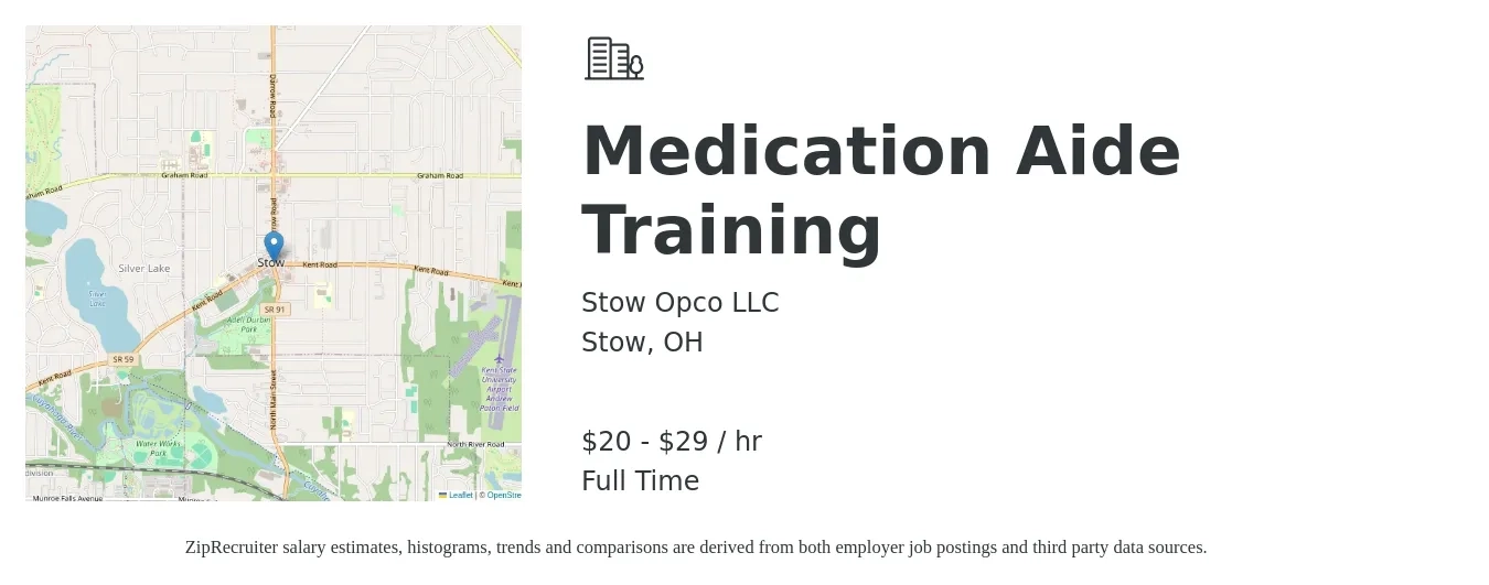 Stow Opco LLC job posting for a Medication Aide Training in Stow, OH with a salary of $22 to $30 Hourly with a map of Stow location.