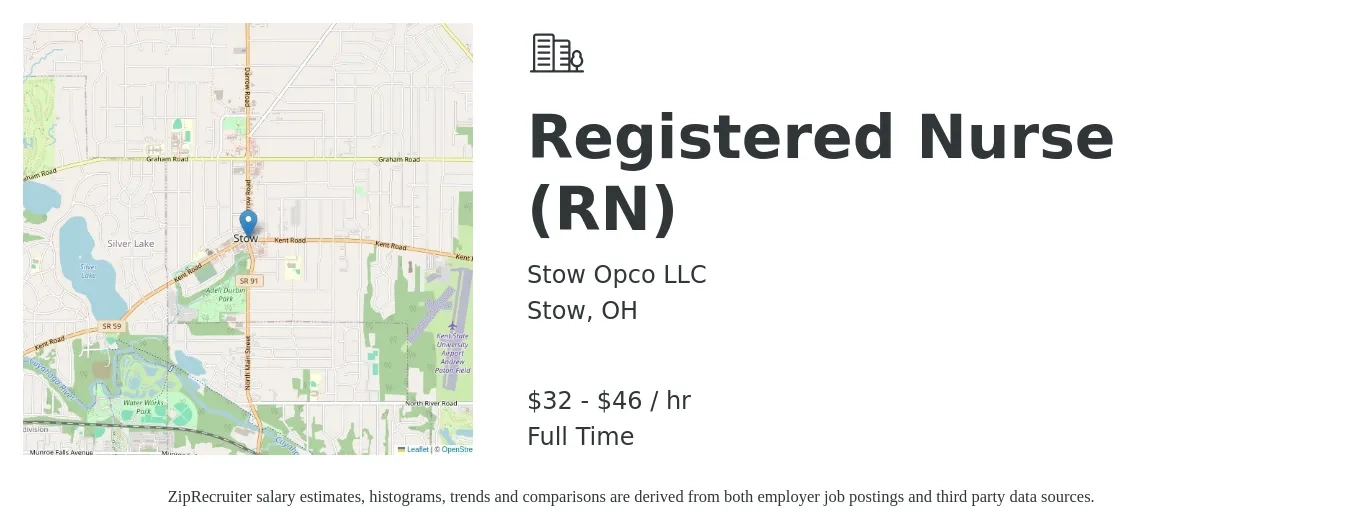 Stow Opco LLC job posting for a Registered Nurse (RN) in Stow, OH with a salary of $34 to $48 Hourly with a map of Stow location.