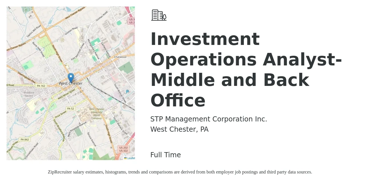 STP Management Corporation Inc. job posting for a Investment Operations Analyst- Middle and Back Office in West Chester, PA with a salary of $24 to $40 Hourly with a map of West Chester location.