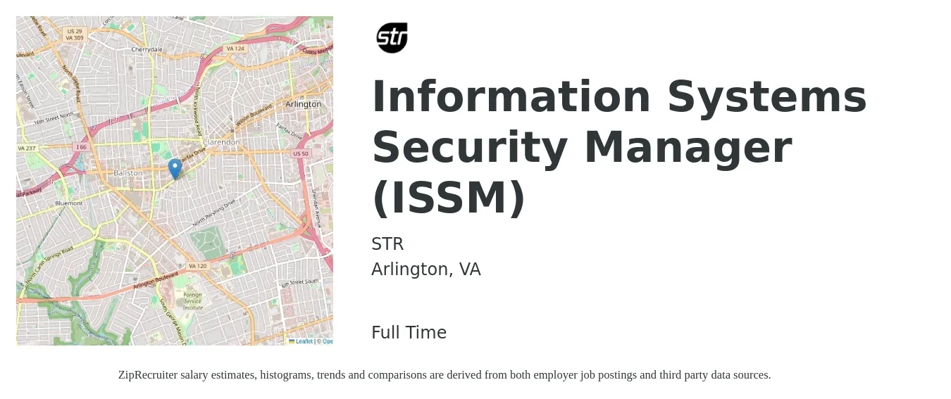 STR job posting for a Information Systems Security Manager (ISSM) in Arlington, VA with a salary of $109,300 to $158,800 Yearly with a map of Arlington location.