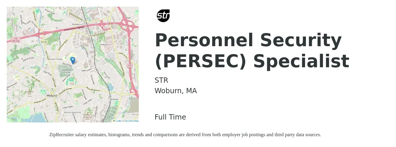 STR job posting for a Personnel Security (PERSEC) Specialist in Woburn, MA with a salary of $50,900 to $107,700 Yearly with a map of Woburn location.