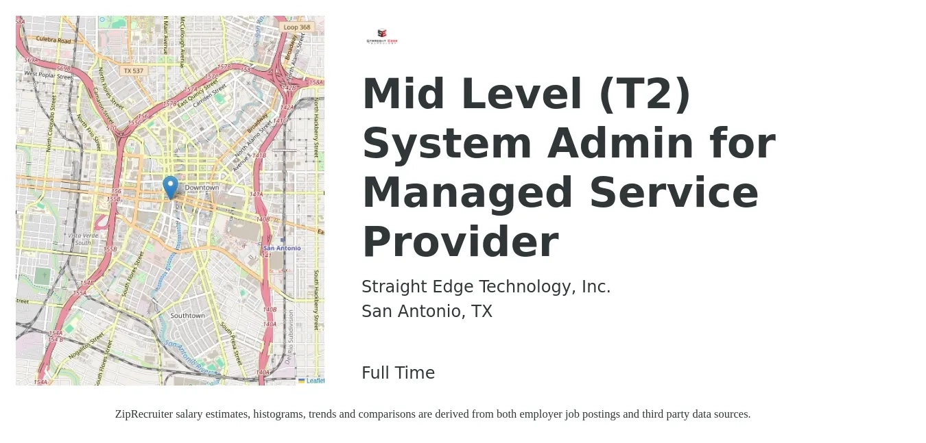 Straight Edge Technology, Inc. job posting for a Mid Level (T2) System Admin for Managed Service Provider in San Antonio, TX with a salary of $63,100 to $93,800 Yearly with a map of San Antonio location.