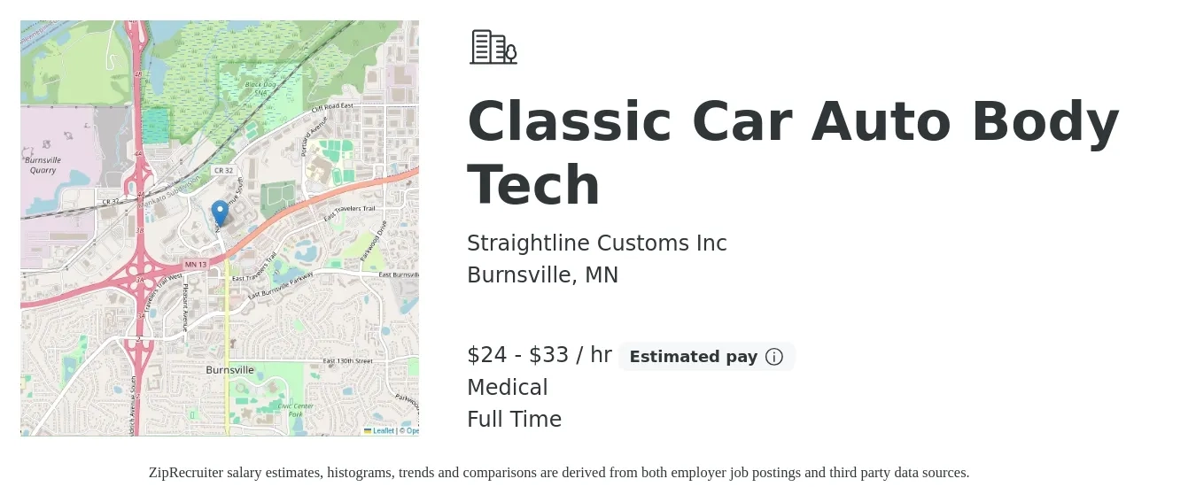 Straightline Customs Inc job posting for a Classic Car Auto Body Tech in Burnsville, MN with a salary of $25 to $35 Hourly and benefits including medical, pto, and retirement with a map of Burnsville location.