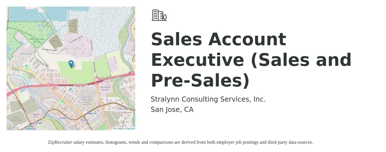 Stralynn Consulting Services, Inc. job posting for a Sales Account Executive (Sales and Pre-Sales) in San Jose, CA with a salary of $62,700 to $98,400 Yearly with a map of San Jose location.