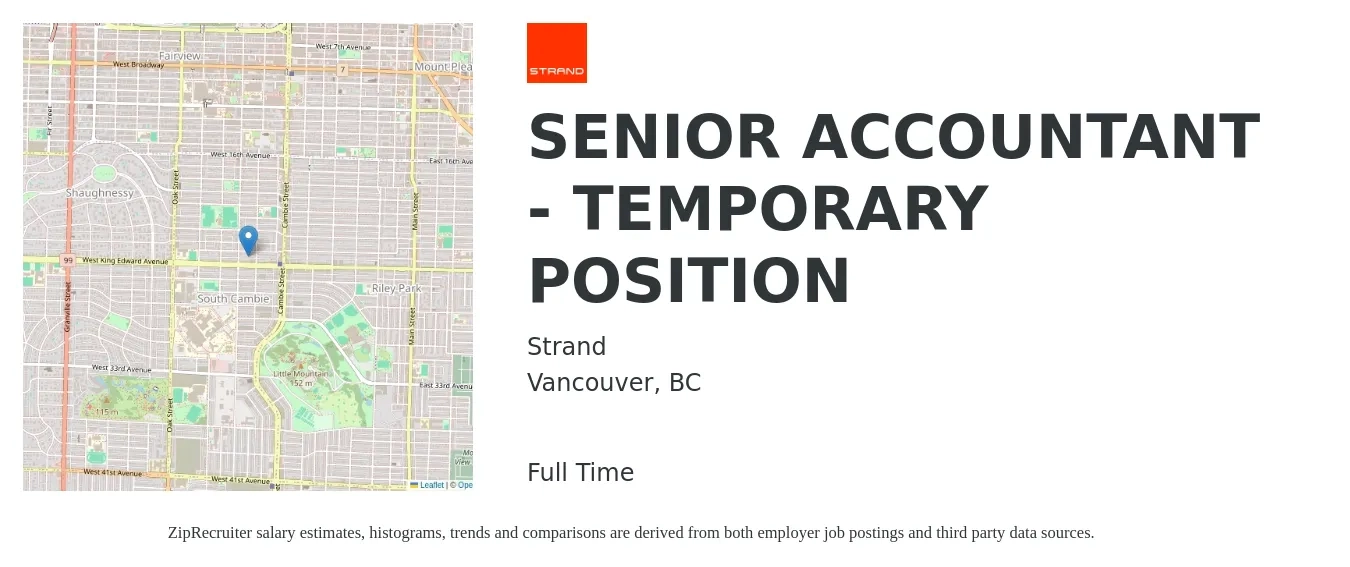Strand job posting for a SENIOR ACCOUNTANT - TEMPORARY POSITION in Vancouver, BC with a map of Vancouver location.