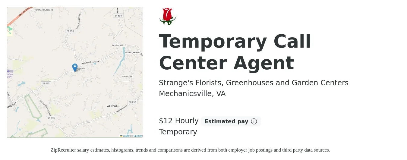 Strange's Florists, Greenhouses and Garden Centers job posting for a Temporary Call Center Agent in Mechanicsville, VA with a salary of $13 Hourly with a map of Mechanicsville location.