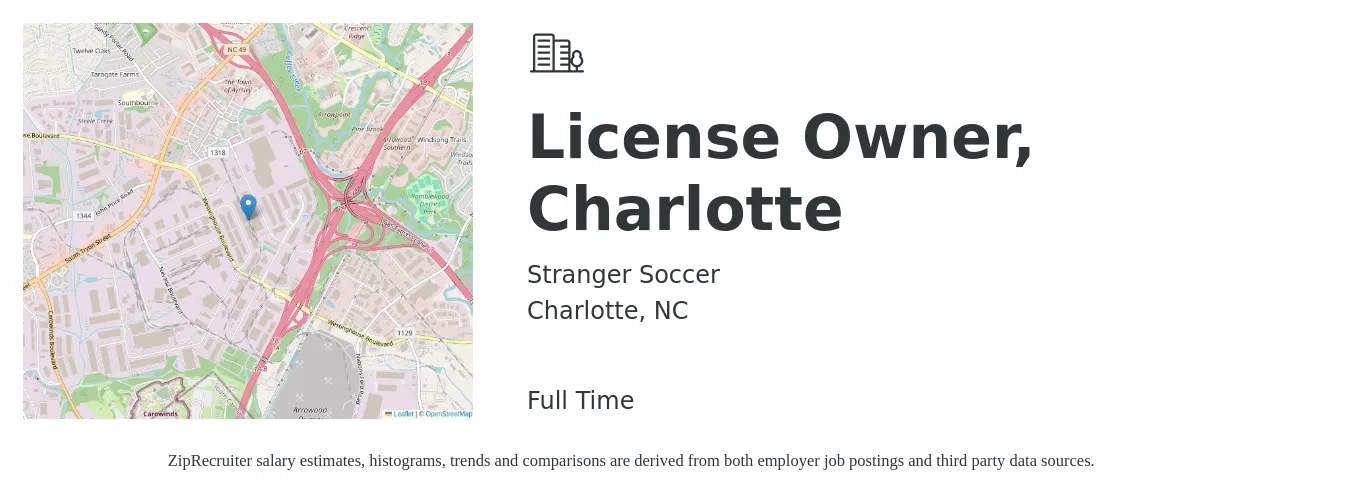 Stranger Soccer job posting for a License Owner, Charlotte in Charlotte, NC with a salary of $13 to $61 Hourly with a map of Charlotte location.
