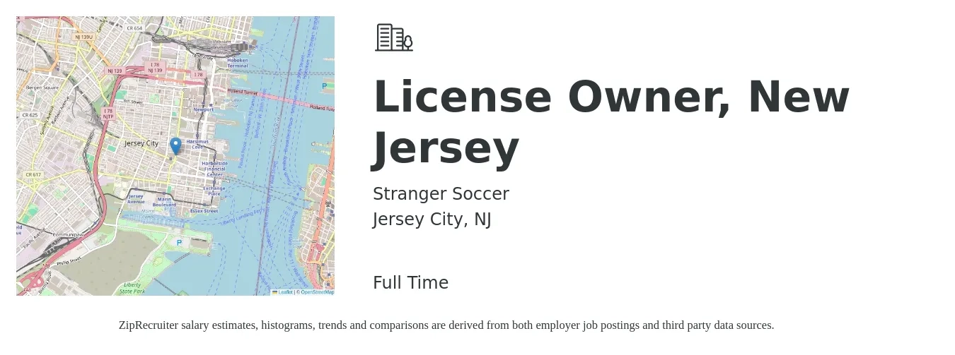 Stranger Soccer job posting for a License Owner, New Jersey in Jersey City, NJ with a salary of $14 to $65 Hourly with a map of Jersey City location.