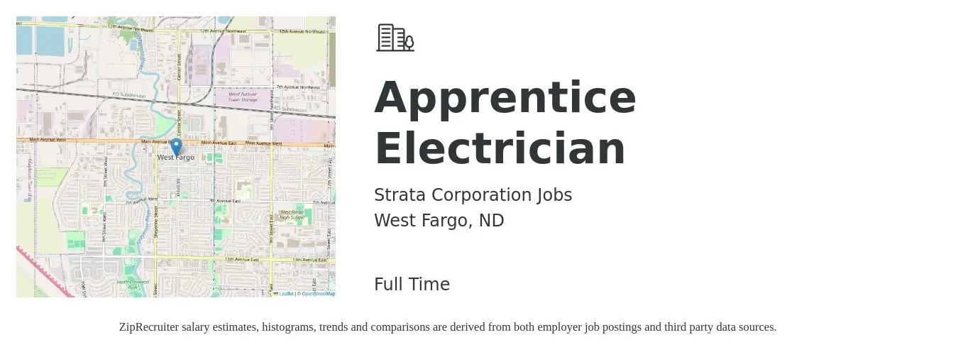 Strata Corporation Jobs job posting for a Apprentice Electrician in West Fargo, ND with a salary of $18 to $26 Hourly with a map of West Fargo location.