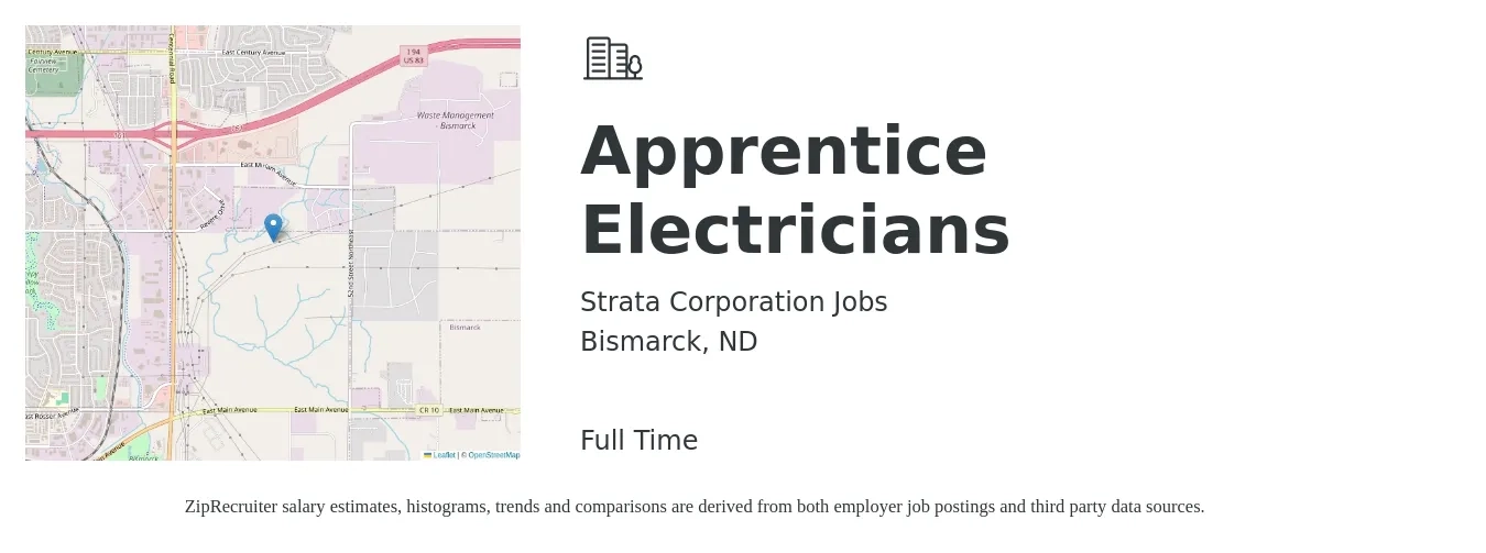 Strata Corporation Jobs job posting for a Apprentice Electricians in Bismarck, ND with a salary of $19 to $26 Hourly with a map of Bismarck location.