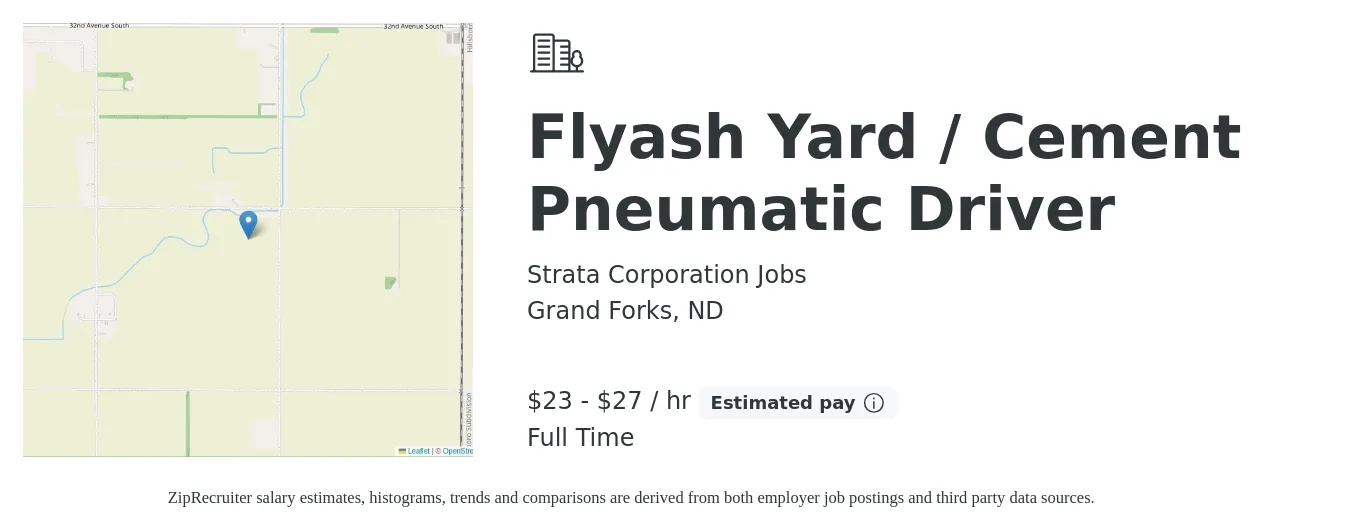 Strata Corporation Jobs job posting for a Flyash Yard / Cement Pneumatic Driver in Grand Forks, ND with a salary of $24 to $29 Hourly with a map of Grand Forks location.