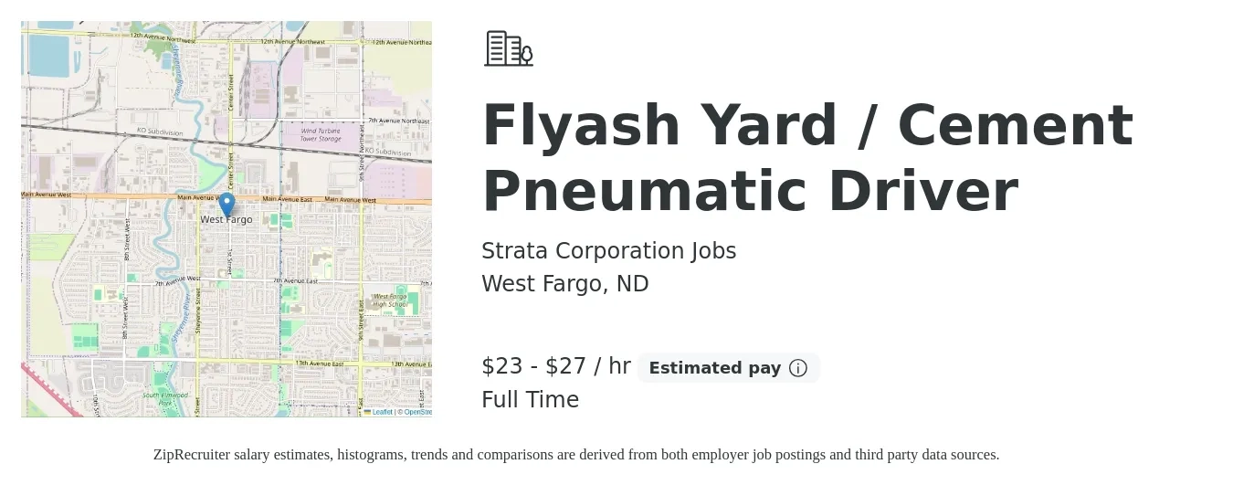 Strata Corporation Jobs job posting for a Flyash Yard / Cement Pneumatic Driver in West Fargo, ND with a salary of $24 to $29 Hourly with a map of West Fargo location.