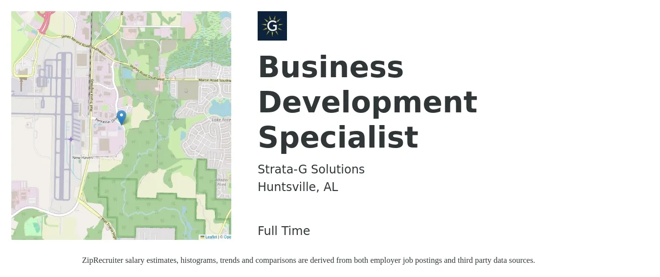 Strata-G Solutions job posting for a Business Development Specialist in Huntsville, AL with a salary of $44,800 to $74,800 Yearly with a map of Huntsville location.