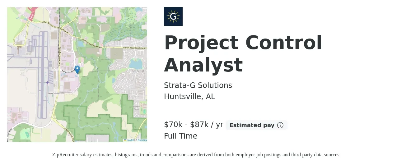 Strata-G Solutions job posting for a Project Control Analyst in Huntsville, AL with a salary of $70,000 to $87,000 Yearly with a map of Huntsville location.