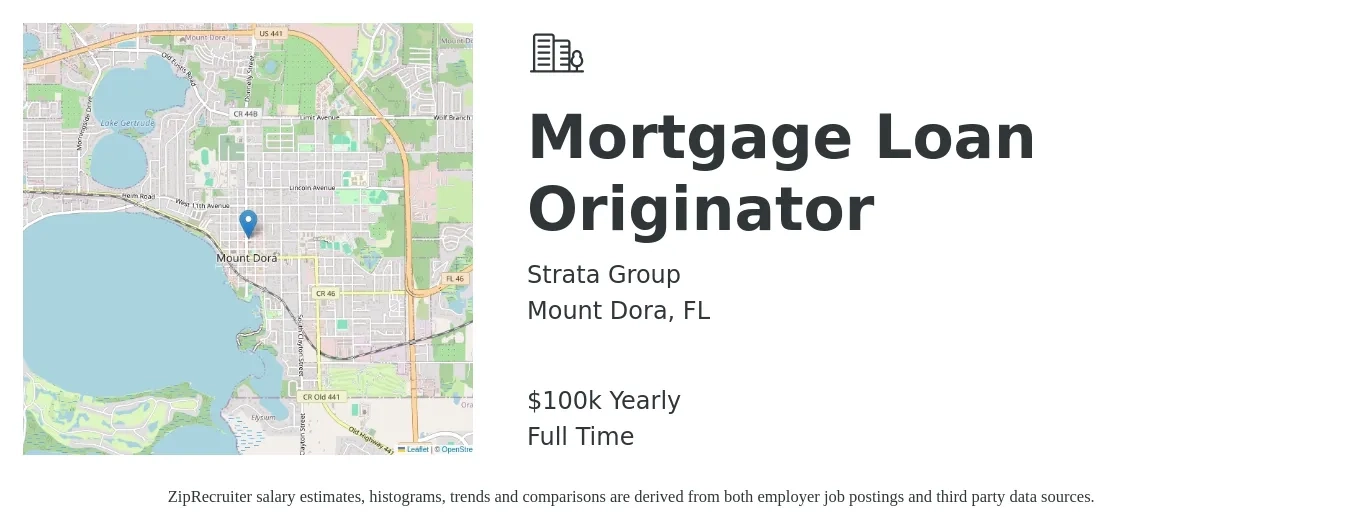 Strata Group job posting for a Mortgage Loan Originator in Mount Dora, FL with a salary of $100,000 Yearly with a map of Mount Dora location.