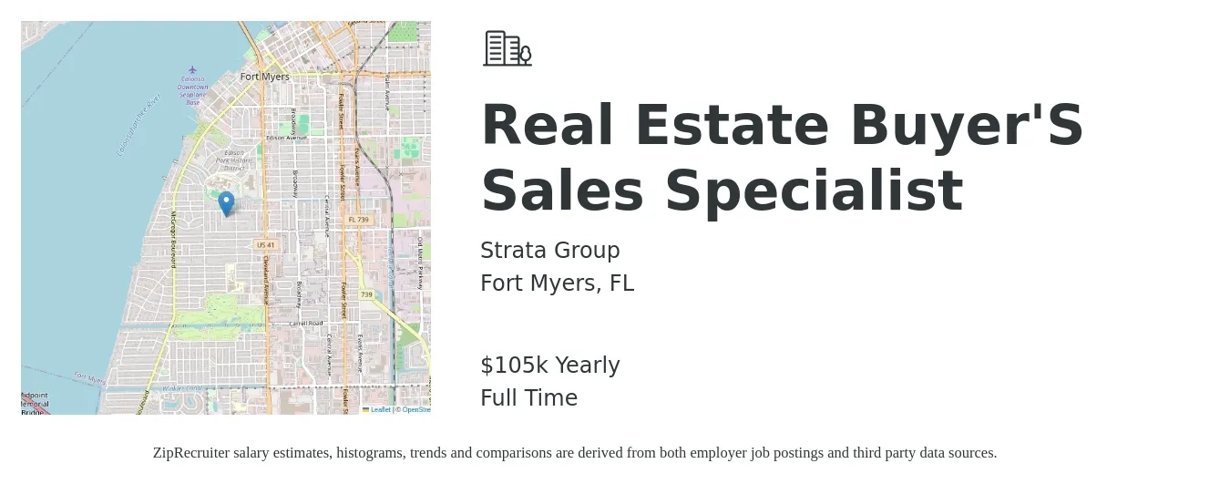 Strata Group job posting for a Real Estate Buyer'S Sales Specialist in Fort Myers, FL with a salary of $105,000 Yearly with a map of Fort Myers location.