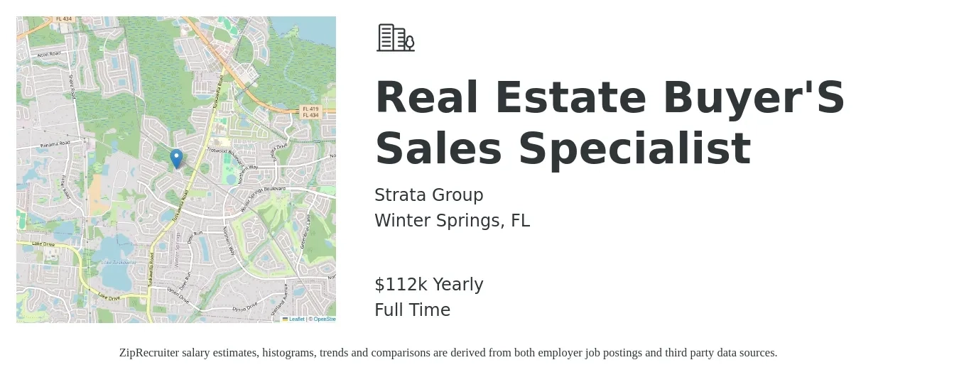 Strata Group job posting for a Real Estate Buyer'S Sales Specialist in Winter Springs, FL with a salary of $112,000 Yearly with a map of Winter Springs location.