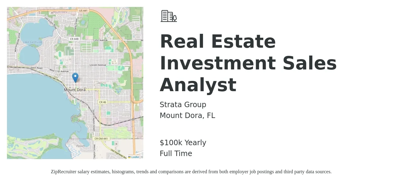 Strata Group job posting for a Real Estate Investment Sales Analyst in Mount Dora, FL with a salary of $100,000 Yearly with a map of Mount Dora location.