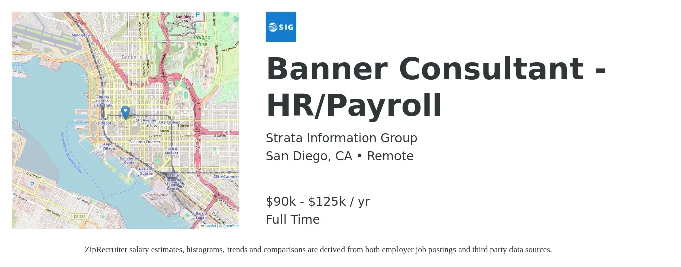 Strata Information Group job posting for a Banner Consultant - HR/Payroll in San Diego, CA with a salary of $90,000 to $125,000 Yearly with a map of San Diego location.