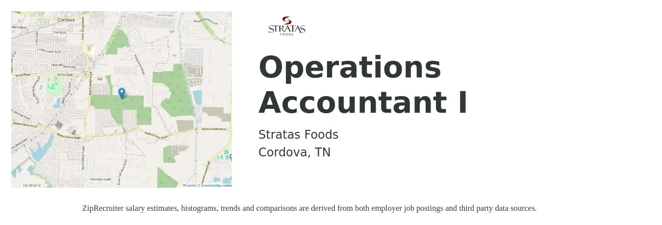 Stratas Foods job posting for a Operations Accountant I in Cordova, TN with a salary of $51,900 to $68,700 Yearly with a map of Cordova location.