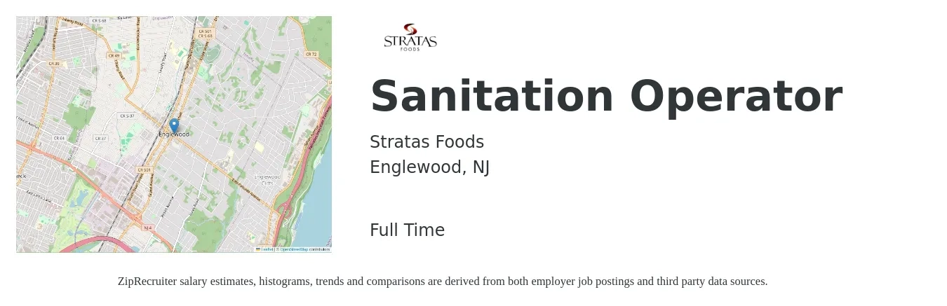 Stratas Foods job posting for a Sanitation Operator in Englewood, NJ with a salary of $16 to $20 Hourly with a map of Englewood location.