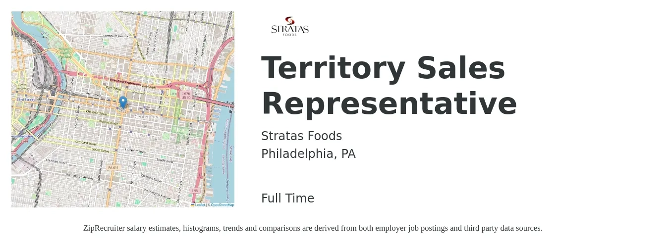 Stratas Foods job posting for a Territory Sales Representative in Philadelphia, PA with a salary of $50,500 to $83,800 Yearly with a map of Philadelphia location.