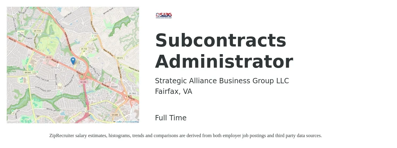 Strategic Alliance Business Group LLC job posting for a Subcontracts Administrator in Fairfax, VA with a salary of $30 to $46 Hourly with a map of Fairfax location.