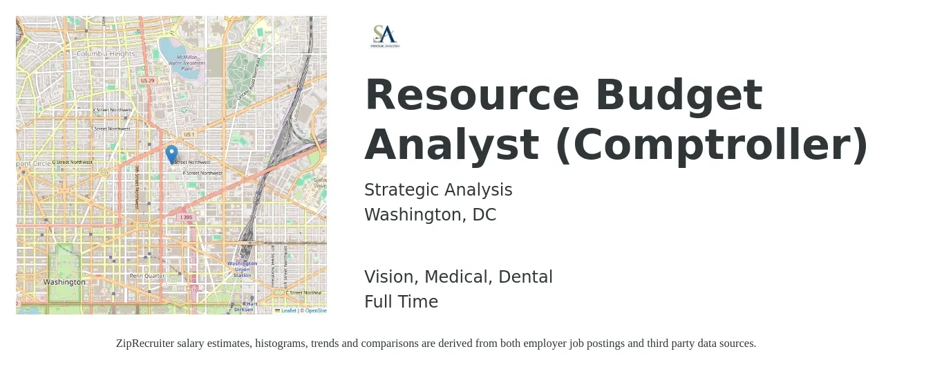 Strategic Analysis job posting for a Resource Budget Analyst (Comptroller) in Washington, DC with a salary of $67,400 to $111,600 Yearly and benefits including life_insurance, medical, pto, retirement, vision, and dental with a map of Washington location.