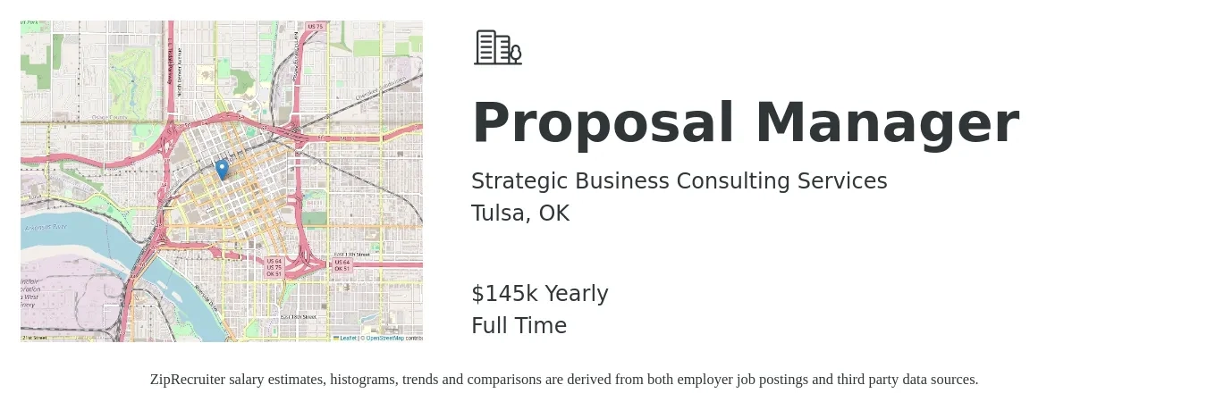 Strategic Business Consulting Services job posting for a Proposal Manager in Tulsa, OK with a salary of $145,000 Yearly with a map of Tulsa location.