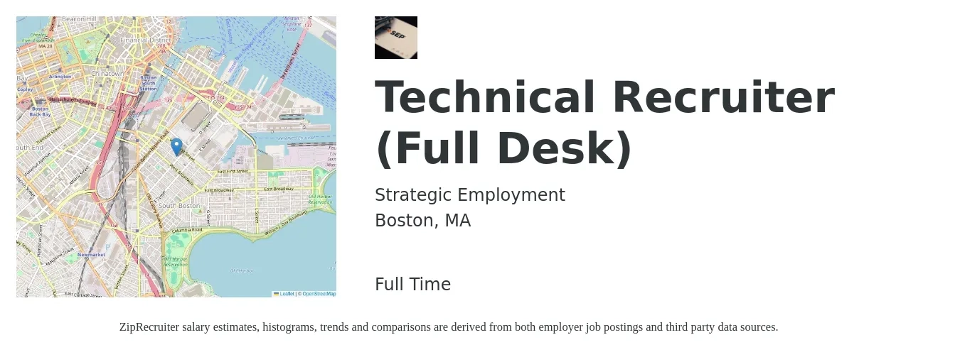 Strategic Employment job posting for a Technical Recruiter (Full Desk) in Boston, MA with a salary of $54,900 to $91,800 Yearly with a map of Boston location.