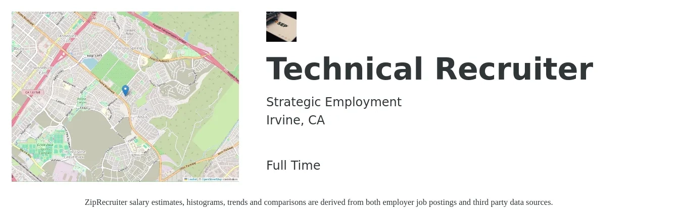 Strategic Employment job posting for a Technical Recruiter in Irvine, CA with a salary of $54,200 to $90,700 Yearly with a map of Irvine location.