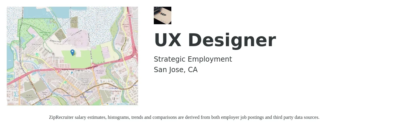 Strategic Employment job posting for a UX Designer in San Jose, CA with a salary of $104,200 to $143,100 Yearly with a map of San Jose location.