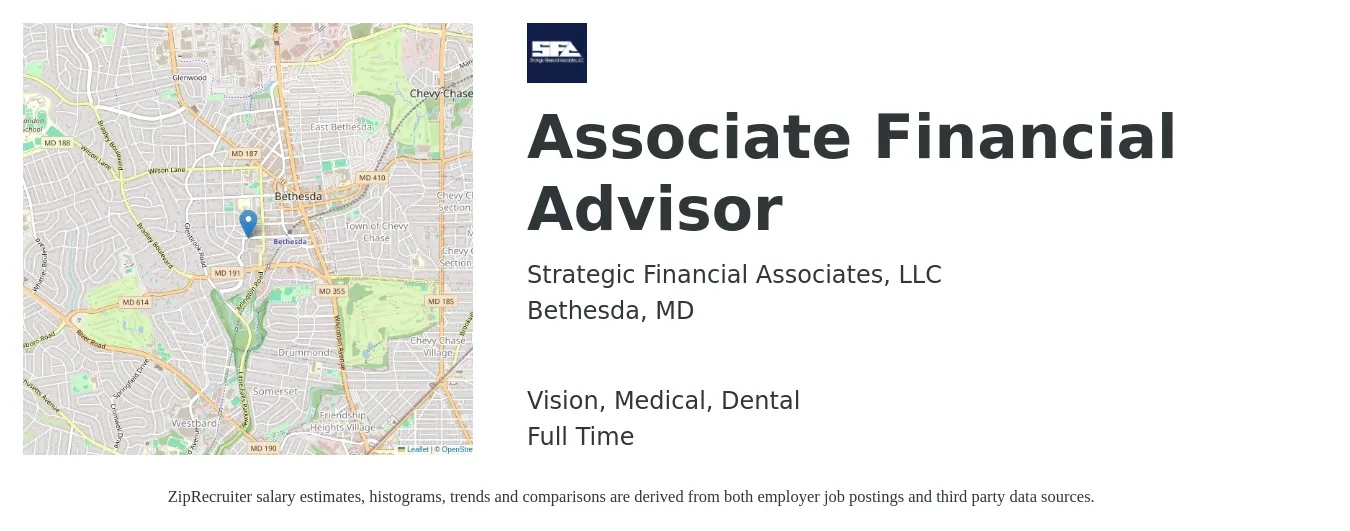Strategic Financial Associates, LLC job posting for a Associate Financial Advisor in Bethesda, MD with a salary of $42,800 to $88,300 Yearly and benefits including medical, pto, retirement, vision, dental, and life_insurance with a map of Bethesda location.