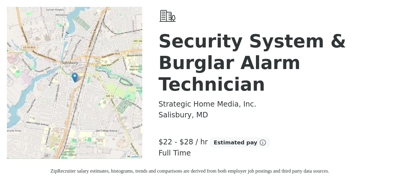 Strategic Home Media, Inc. job posting for a Security System & Burglar Alarm Technician in Salisbury, MD with a salary of $23 to $30 Hourly with a map of Salisbury location.