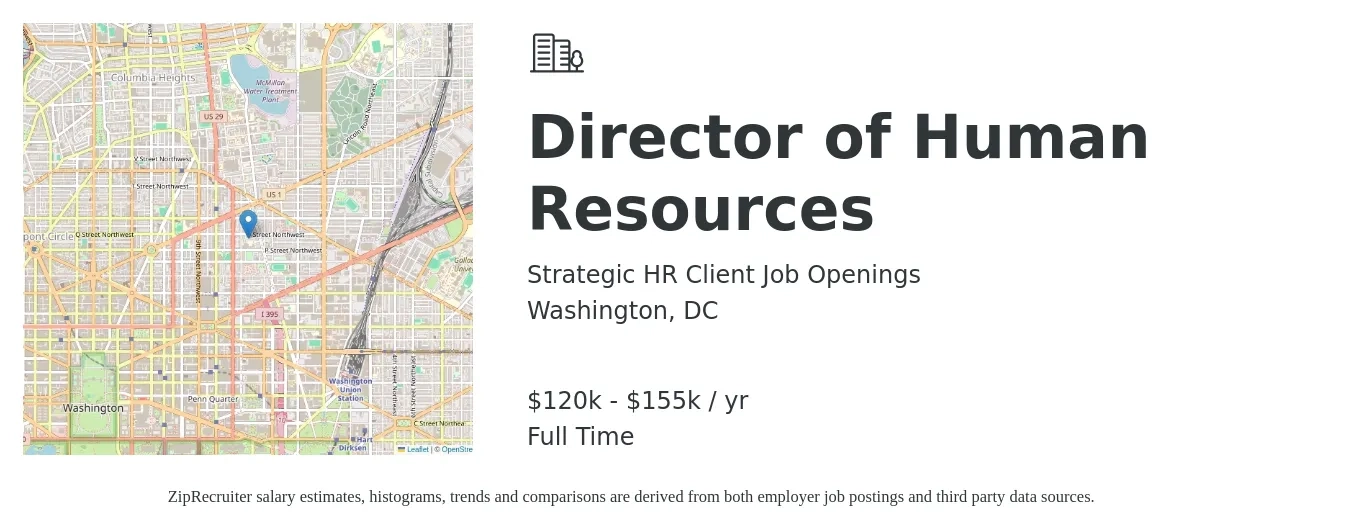 Strategic HR Client Job Openings job posting for a Director of Human Resources in Washington, DC with a salary of $120,000 to $155,000 Yearly with a map of Washington location.