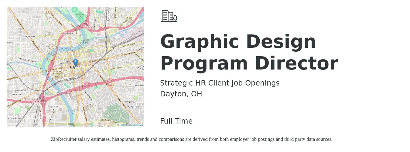 Strategic HR Client Job Openings job posting for a Graphic Design Program Director in Dayton, OH with a salary of $20 to $32 Hourly with a map of Dayton location.