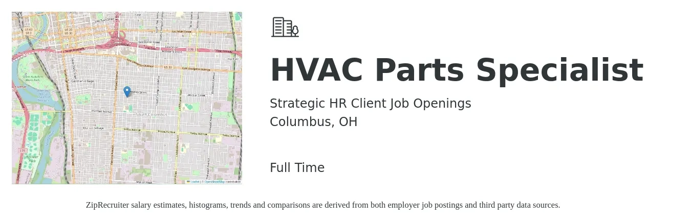 Strategic HR Client Job Openings job posting for a HVAC Parts Specialist in Columbus, OH with a salary of $18 to $24 Hourly with a map of Columbus location.