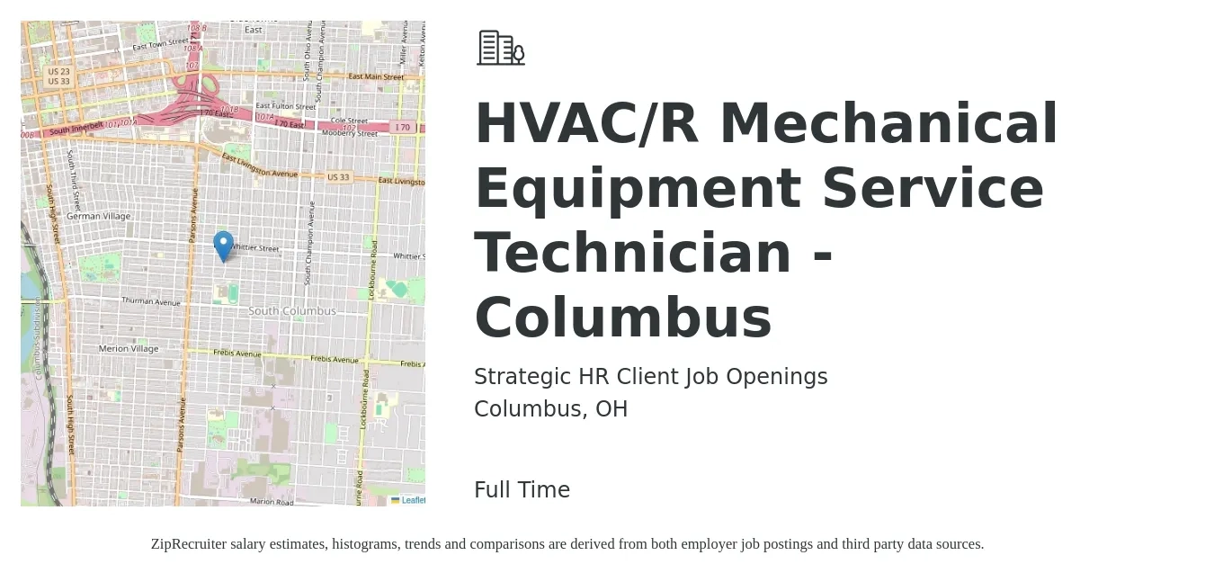 Strategic HR Client Job Openings job posting for a HVAC/R Mechanical Equipment Service Technician - Columbus in Columbus, OH with a salary of $24 to $34 Hourly with a map of Columbus location.