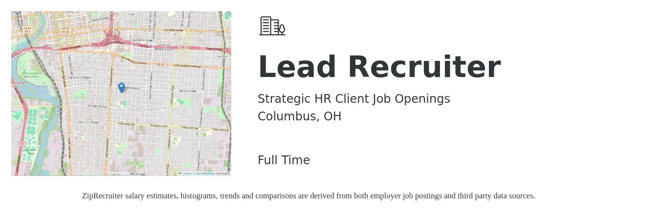 Strategic HR Client Job Openings job posting for a Lead Recruiter in Columbus, OH with a salary of $52,600 to $128,900 Yearly with a map of Columbus location.