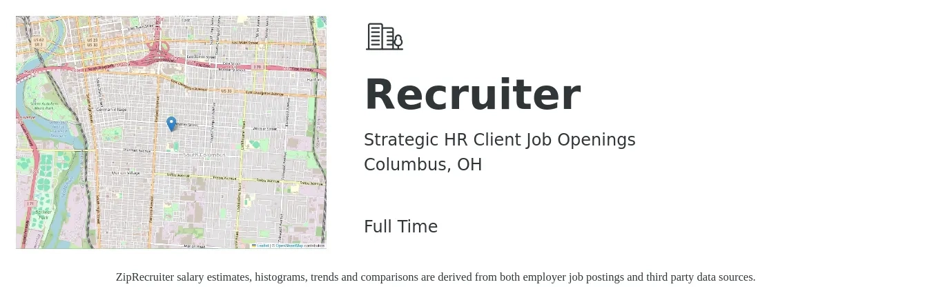 Strategic HR Client Job Openings job posting for a Recruiter in Columbus, OH with a salary of $20 to $32 Hourly with a map of Columbus location.