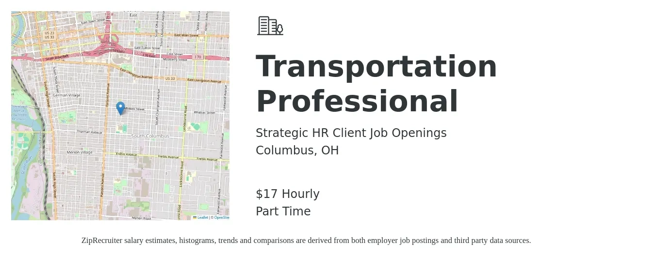 Strategic HR Client Job Openings job posting for a Transportation Professional in Columbus, OH with a salary of $18 Hourly with a map of Columbus location.